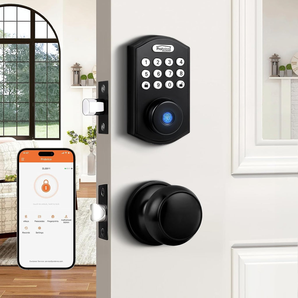 Probrico Smart Keyless Entry Door Lock with Knob Set, Fingerprint Digital Door Lock for Front Door, Door Knob with Electronic Keypad Deadbolt, Auto Lock, App, Black