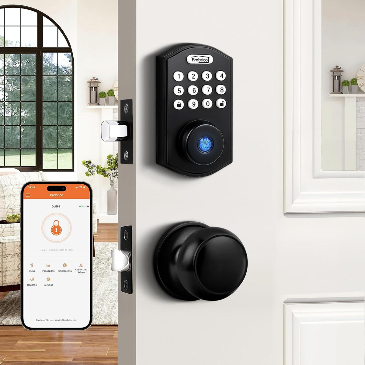 Probrico Smart Keyless Entry Door Lock with Knob Set, Fingerprint Digital Door Lock for Front Door, Door Knob with Electronic Keypad Deadbolt, Auto Lock, App, Black