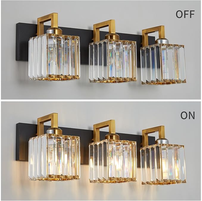FDPBY Modern Bathroom Vanity Light 3-Lights Black Gold Crystal Wall Lamp