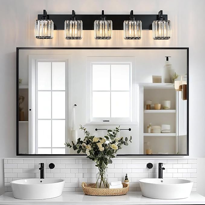 FDPBY Modern Bathroom Vanity Light 5-Lights Plating Black Crystal Bathroom Wall