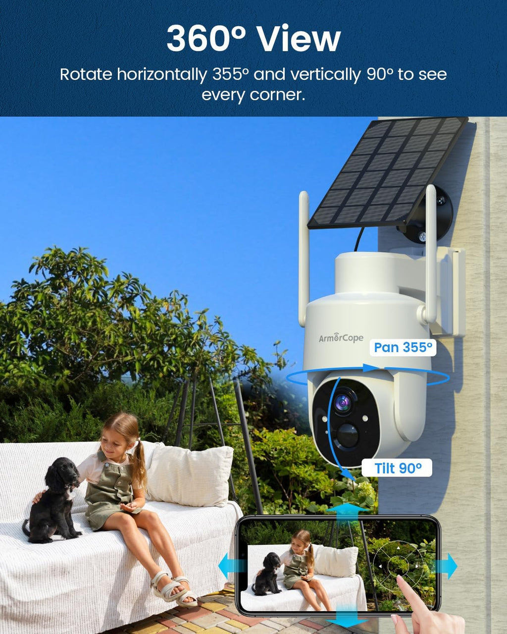 armorcope solar security cameras wireless outdoor,360° view battery on a desk or shelf