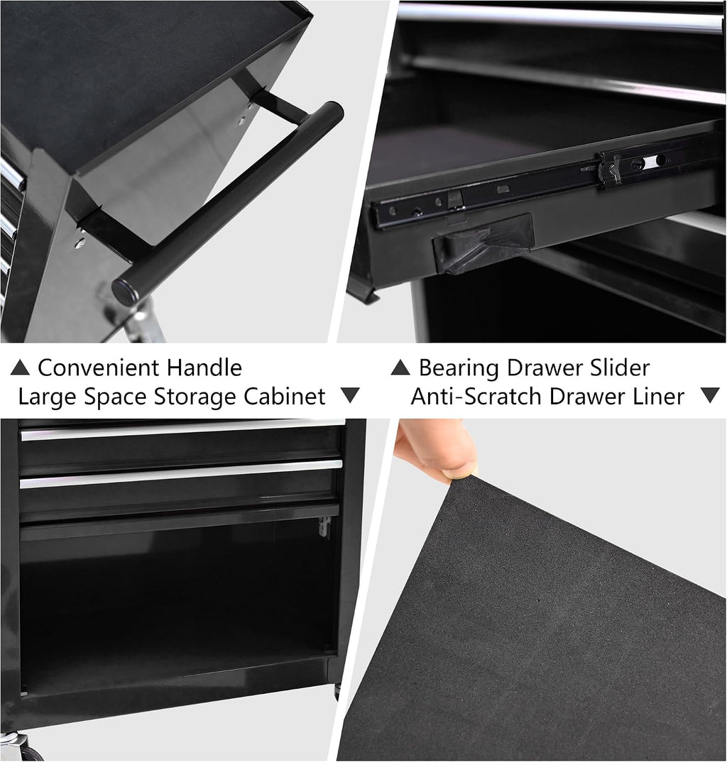 lockable 4-drawer rolling tool chest, black showing dimensions