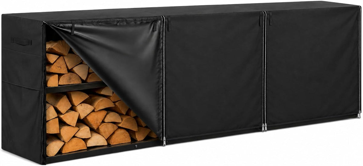 12ft Waterproof Firewood Rack Cover - Heavy Duty Black 600D Oxford Fabric - Indoor Or Outdoor Firewood Log Cover with Zipper & Adhesive Closing Strips - Rack NOT Included - Black