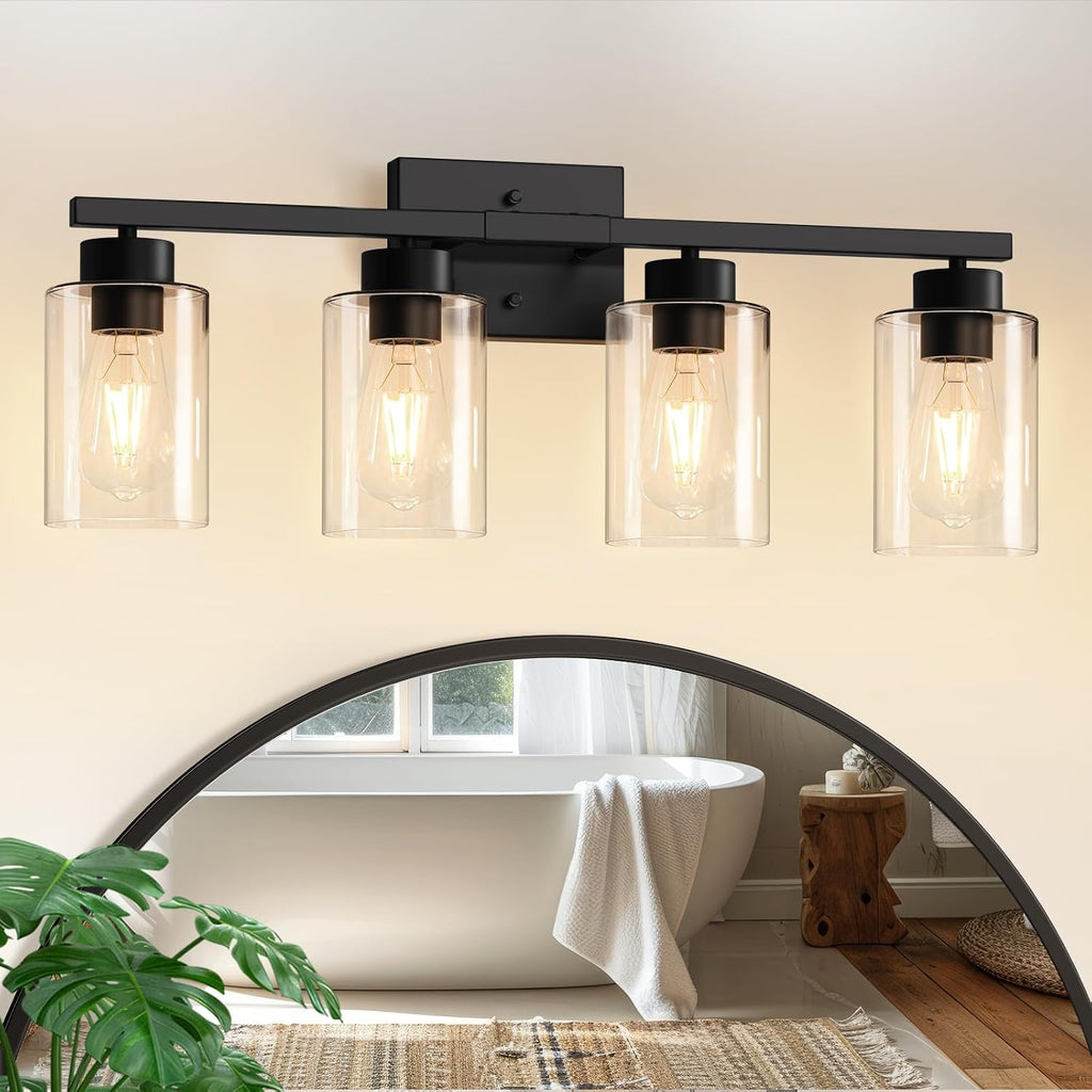 IZORRO Bathroom Light Fixtures, Modern Vanity Lights, Bathroom Lighting Fixtures Over Mirror with Clear Glass Shade, Wall Sconce for Living Room Cabinet Bedroom (Matte Black, 4-Light)