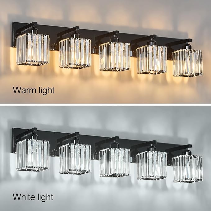 FDPBY Modern Bathroom Vanity Light 5-Lights Plating Black Crystal Bathroom Wall
