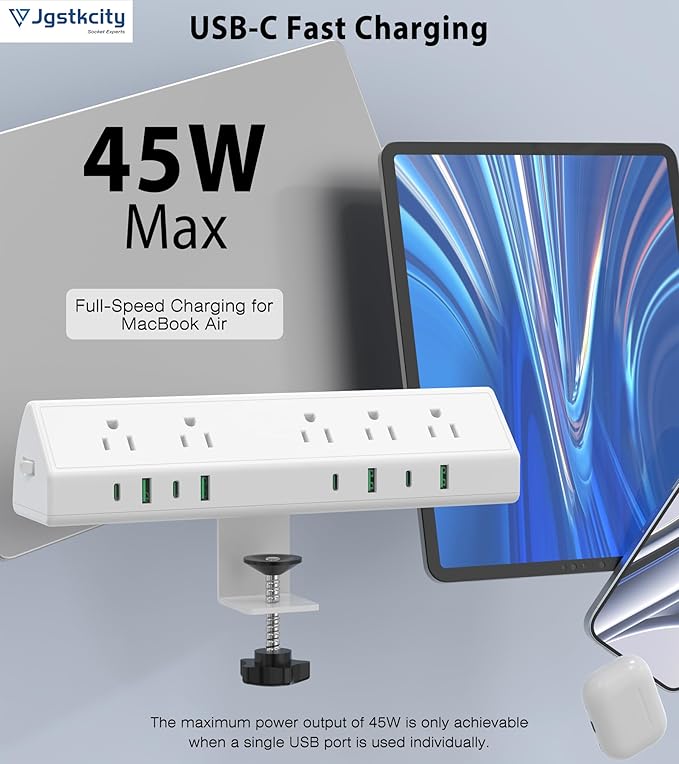 45W Fast Charging Station, Desk Clamp Power Strip, 4 PD USB-C Ports, 5 AC