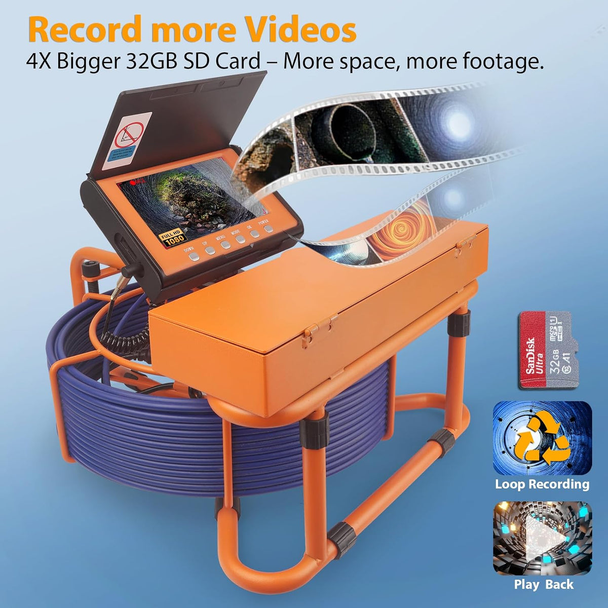 sewer camera 100ft/30m pipe inspection borescope endoscope camera on a desk or shelf