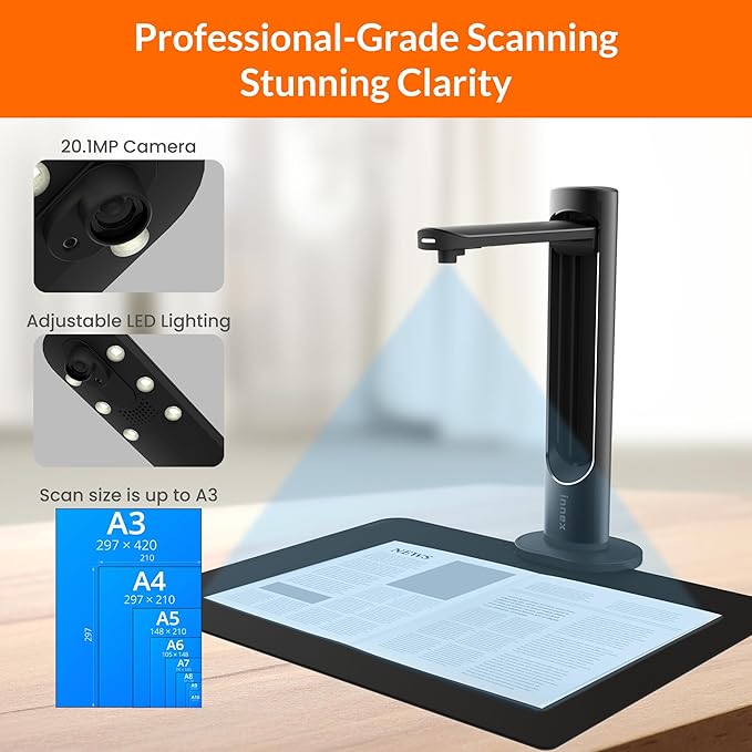 Innex DS200 Professional USB Book Scanner, A3 Document scan, 120+ Language OCR