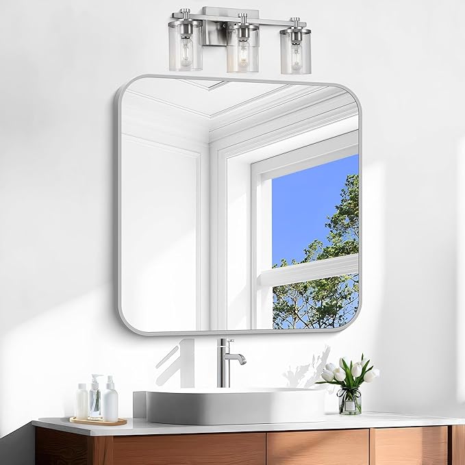 Silver Bathroom Mirror, 30 x 30 Inch Silver Square Mirror, Metal Framed