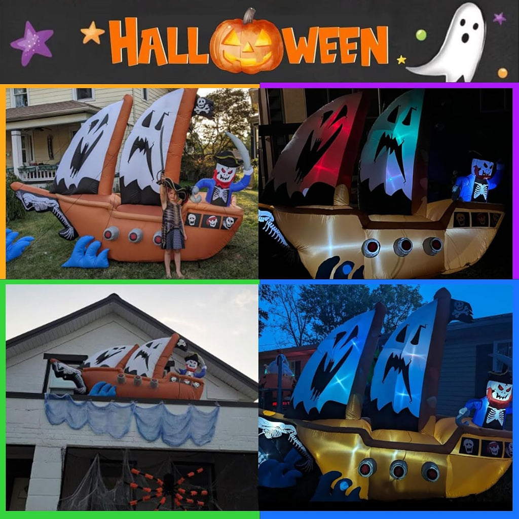 10FT Length Halloween Pirate Ship Inflatable with Pirate, Halloween Decorations Outdoor Inflatable Pirate Ship Built-in 5 LEDs and 4 RGB Lights for Pirate Halloween Decorations Outdoor