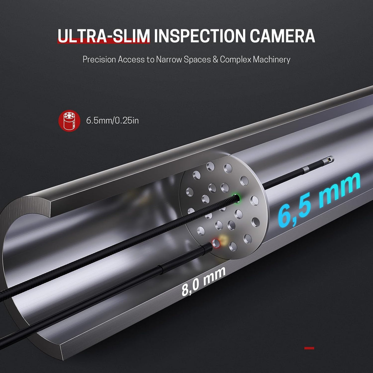 ralcam 4-way 360° articulating borescope for mechanic automotive showing dimensions