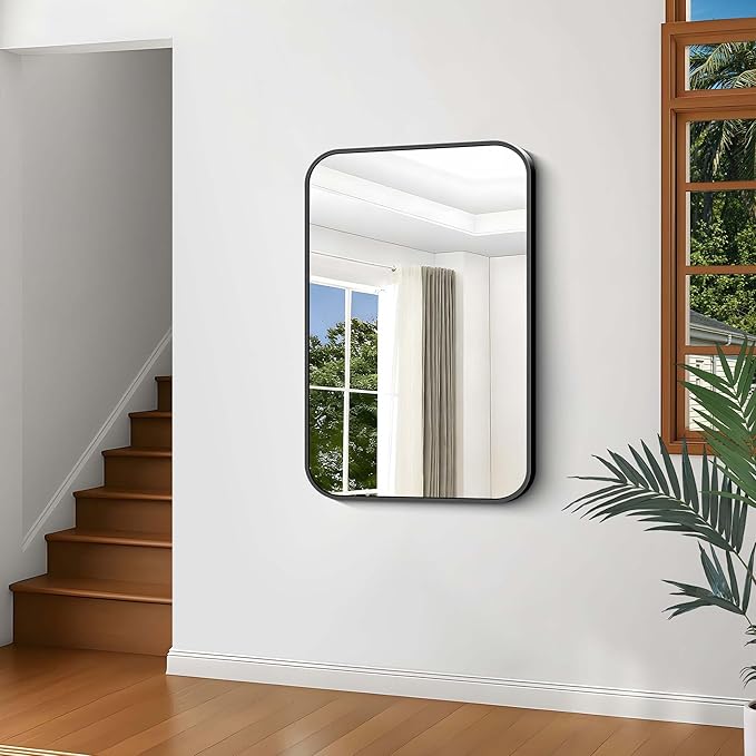 Black Bathroom Mirror, 28x42 inch Aluminum Metal Frame Rectangular Vanity Mirror