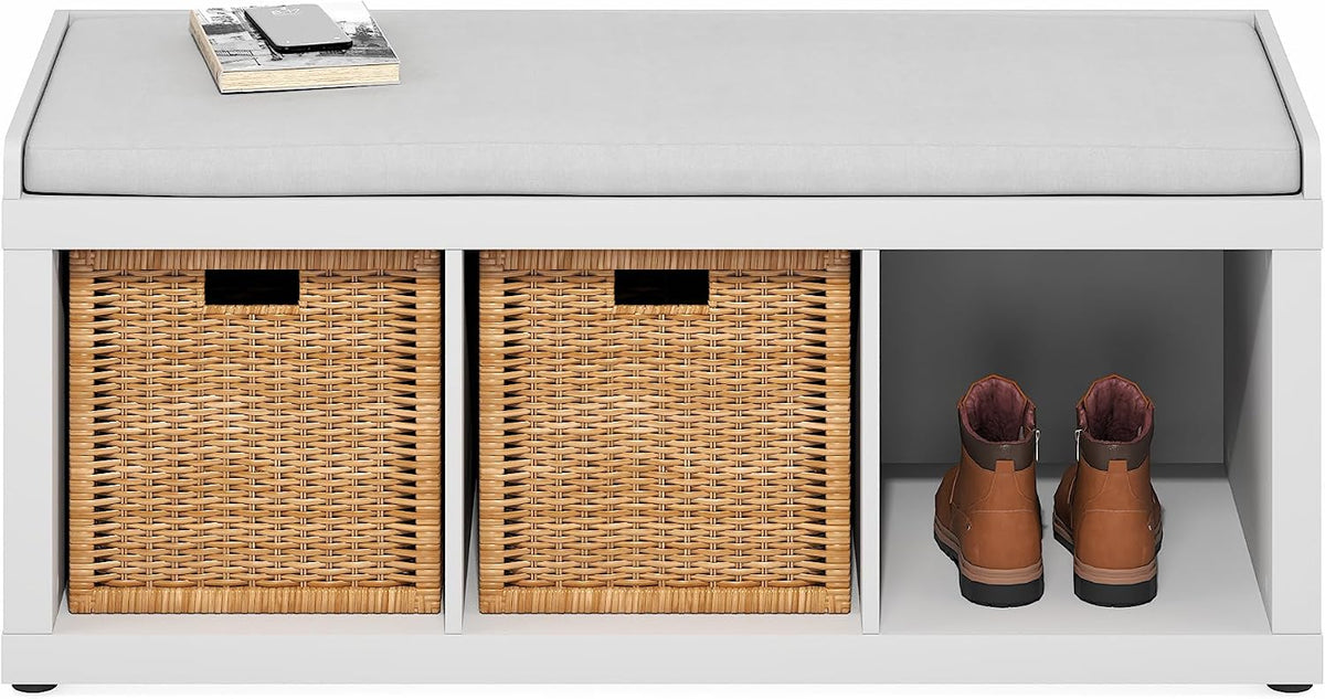 furinno cubicle storage bench, shoe bench with padded, side view