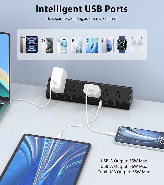 Desk Clamp Power Strip 65W Fast Charging Station, 4 PD USB-C, 5 Outlets