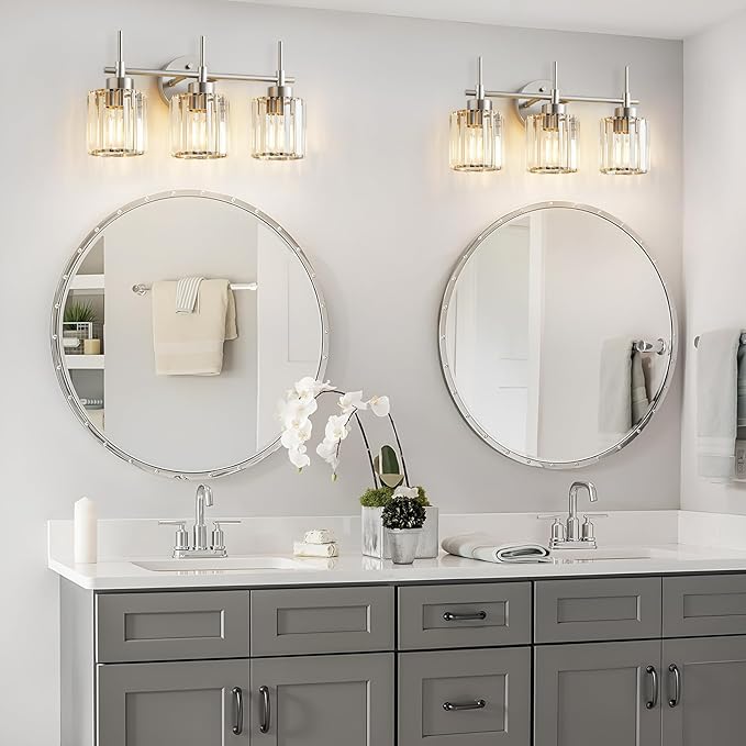EJIAXIN 3 Light Crystal Bathroom Light Fixtures, Brushed Nickel Vanity Mirror