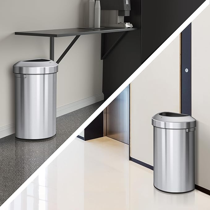 EKO Urban 16 Gallon Semi-Round Open Top Waste Bin, Stainless Steel Half Round