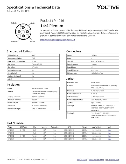 Voltive 14/4 Speaker Wire, Plenum CL3P, 500ft