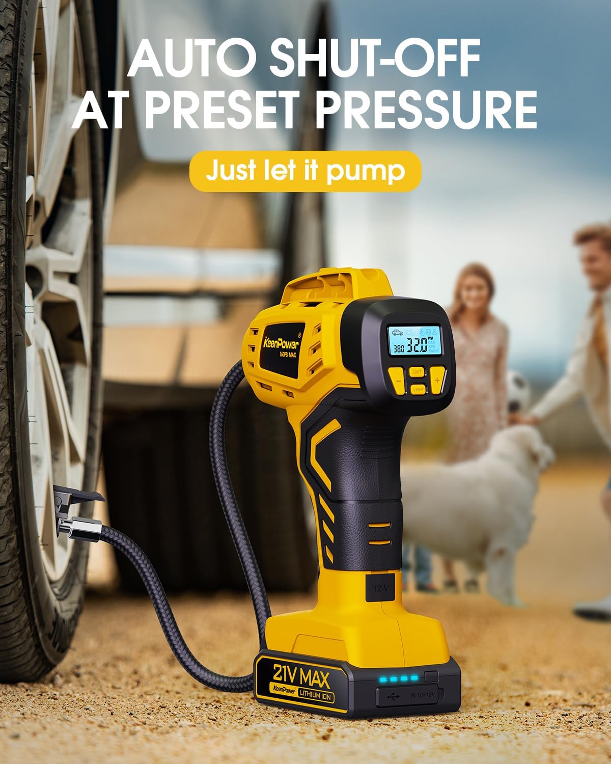 KeenPower Tire Inflator Portable Air Compressor 21V Battery Powered 160PSI
