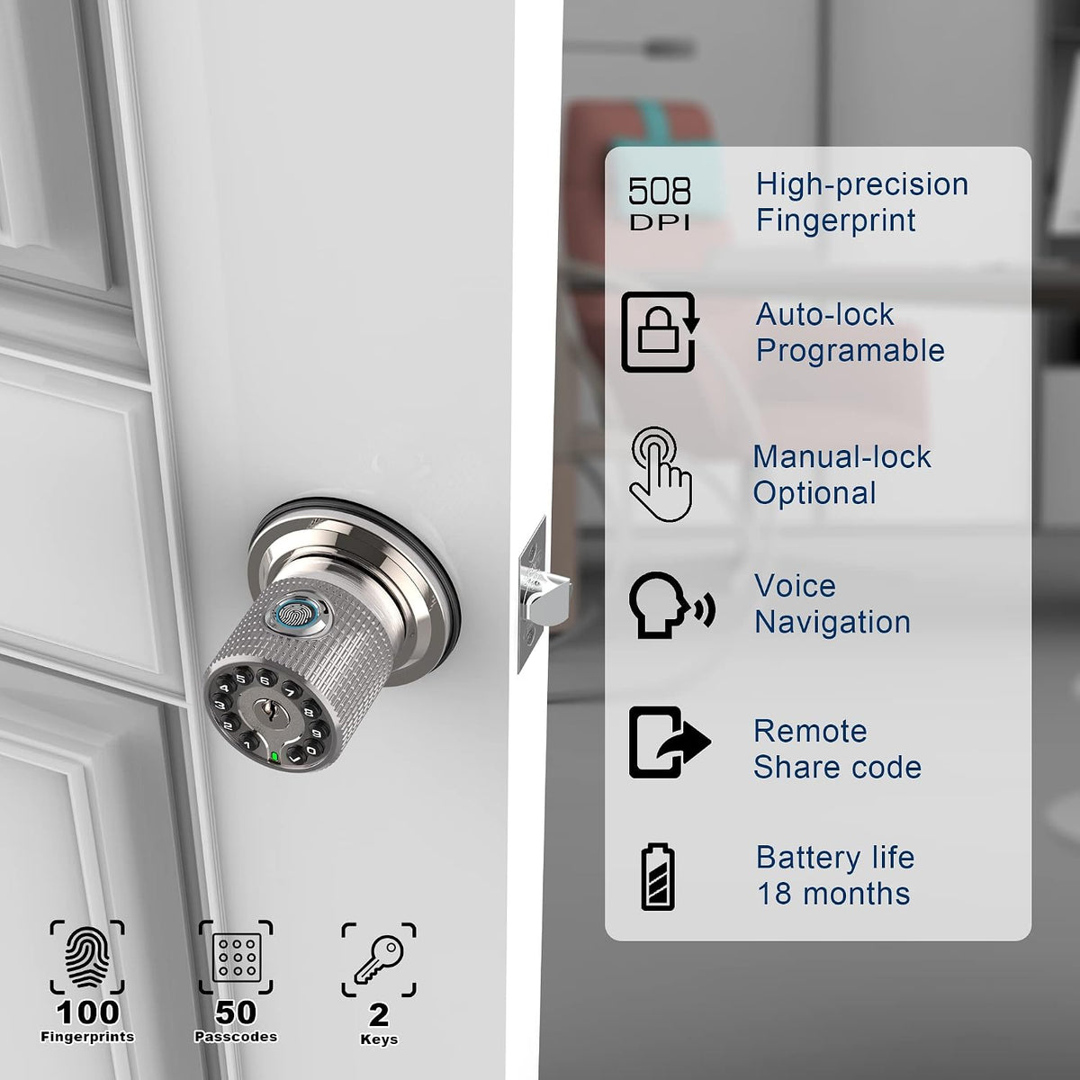 iuknob fingerprint door knob with keypad and key,smart, close-up detail