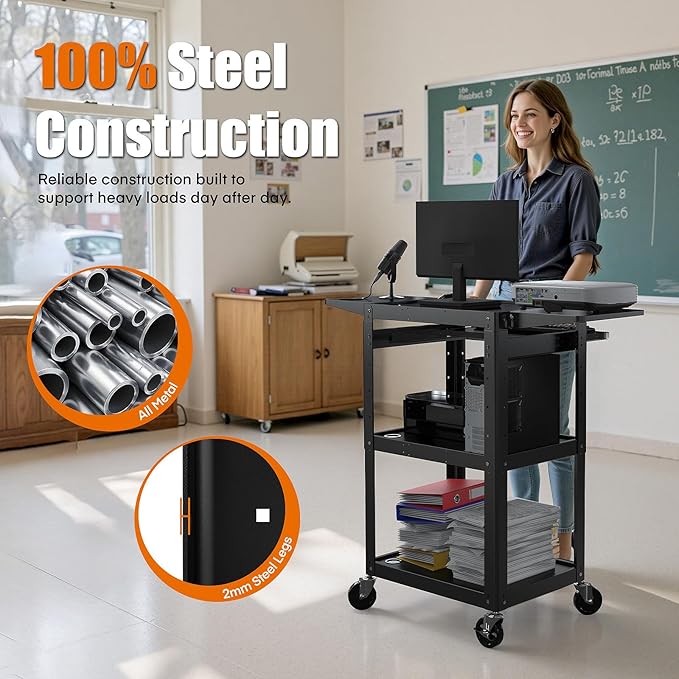 All-Steel Rolling AV Cart with Adjustable Height & Built-in Power – Heavy-Duty