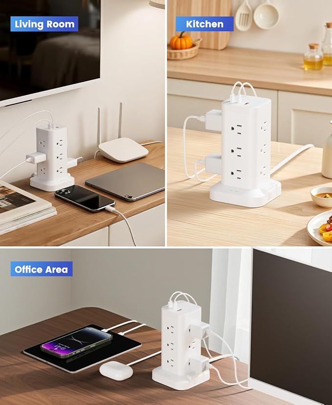 Power Strip Tower with Surge Protector 1800J, Fast Charging Tower PD20W USB-C