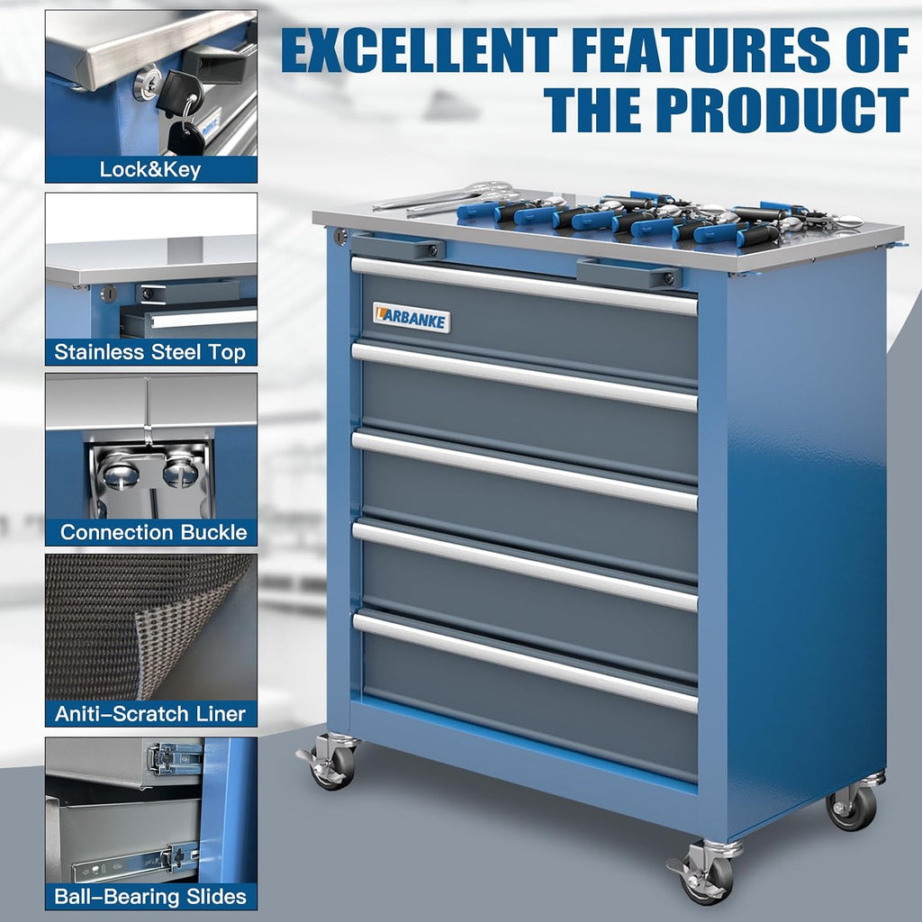 larbanke 5-drawer rolling tool chest with stainless countertop,tool, side view