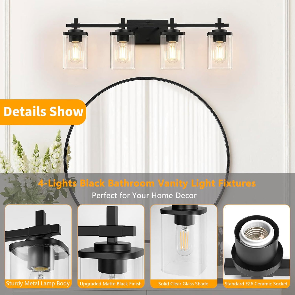 4-Lights Matte Black Bathroom Light Fixture, Modern Black Vanity Lights Over Mirror with Clear Glass Shade, Bathroom Wall Mounted Lamp for Mirror Living Room Hallway Cabinet