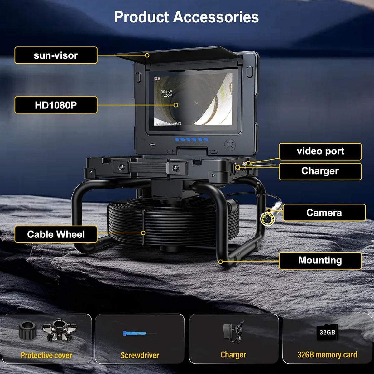 sewer camera with self-leveling dvr, 100ft snake, 9" on a desk or shelf