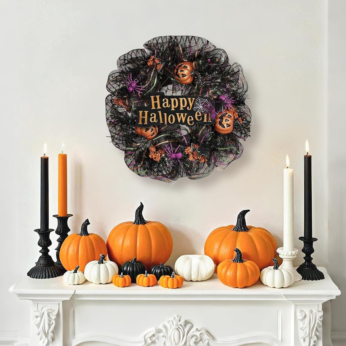 24 inch Wreath, Halloween Wreath for Front Door, Halloween Spider Decor Pumpkin Skull Wreaths, Wall, Window, Garden and Offices Decor. (Black)