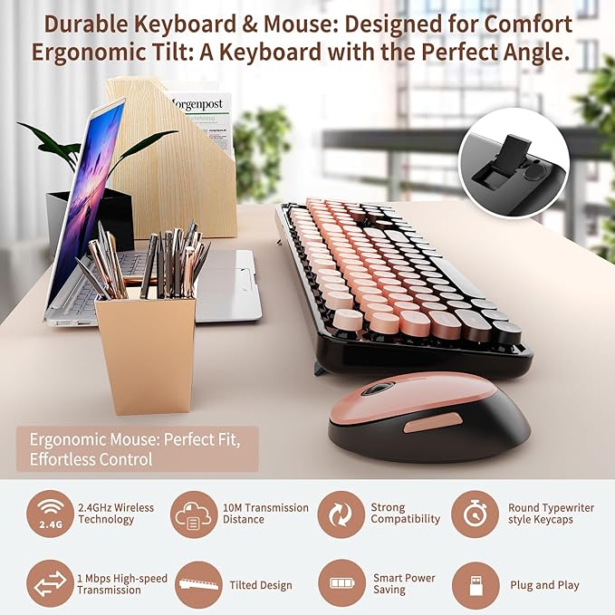 Nowlike Wireless Keyboard and Mouse Combo, Retro Typewriter Keyboard