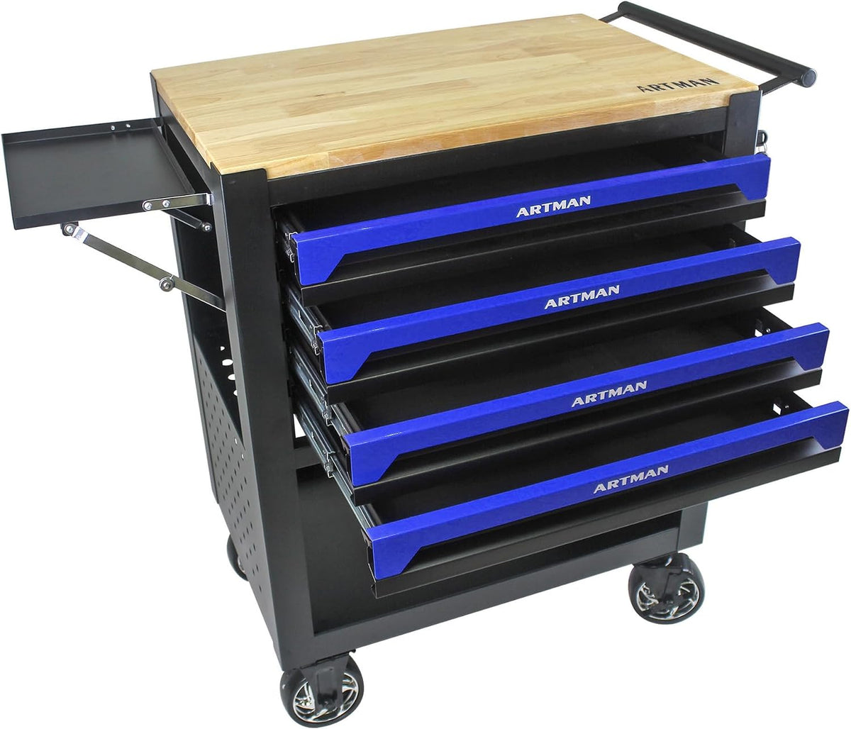 lockable 4-drawer rolling tool chest with wooden top, side view