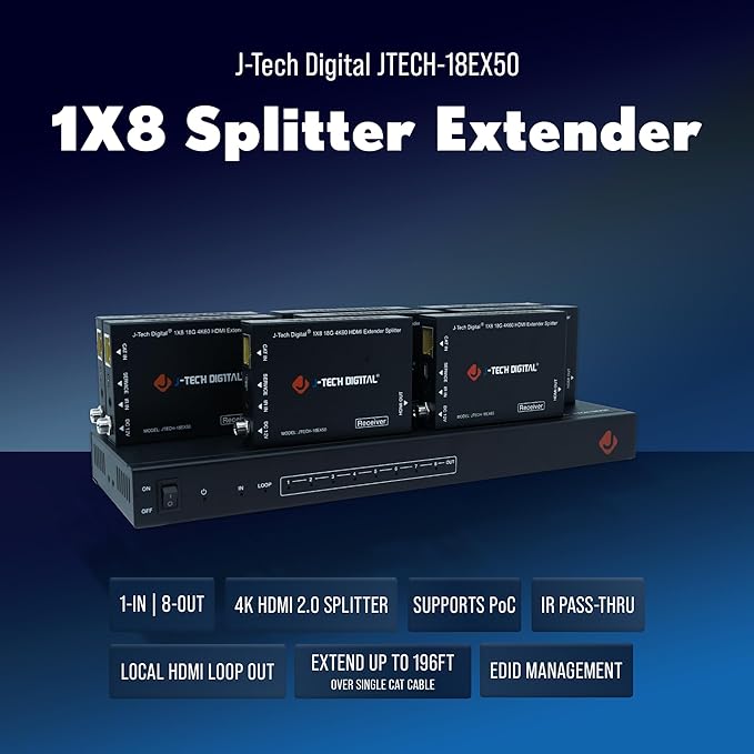 J-Tech Digital HDMI 2.0 4K Extender Splitter Over Single Cable CAT6