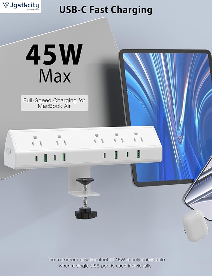 Jgstkcity Desk Clamp Power Strip, 45W Fast Charging Station, 4 USB-C, 4 USB-A