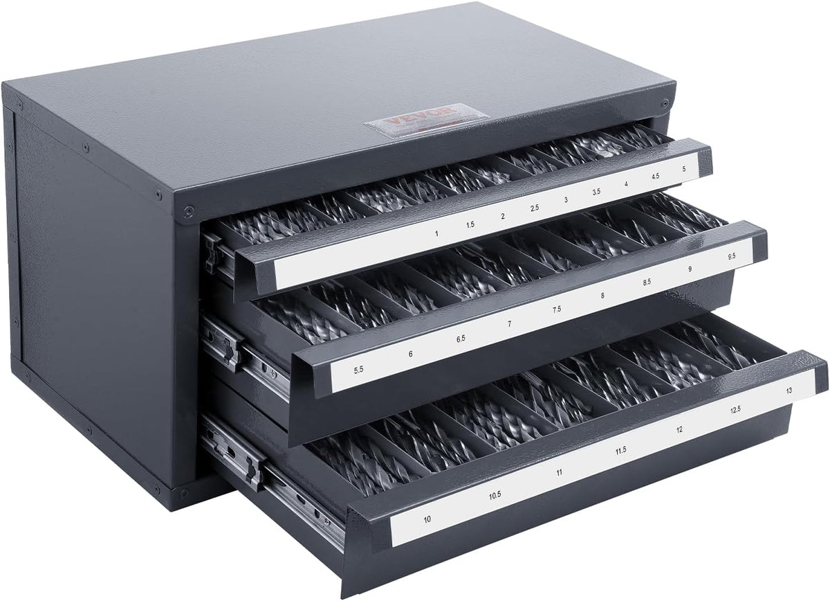 VEVOR Drill Bit Organizer - Three-Drawer Steel Cabinet for 1mm to 13mm, Labels, Stackable