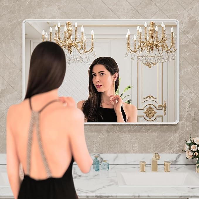 LOAAO 40x30 Inch White Metal Framed Bathroom Mirror