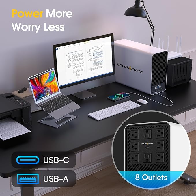 GOLDENMATE 2000VA/1600W Lithium UPS Battery Backup and Surge Protector