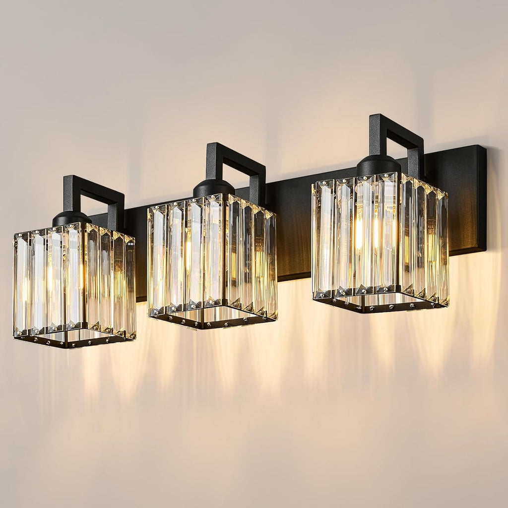 FDPBY Modern Bathroom Vanity Light 3-Lights Black Crystal Wall Lamp Bathroom