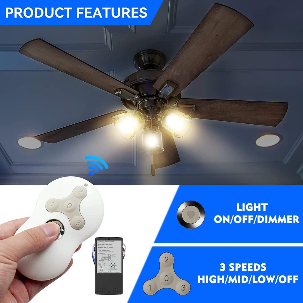 Universal Ceiling Fan Remote Control Kit, 3-Speed Fan and Dimmer Light Control