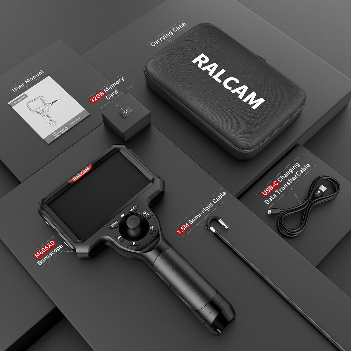 ralcam 4-way 360° articulating borescope for mechanic automotive, front angle view
