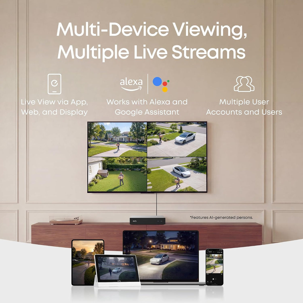 eufy security nvr system e50,4-cam kit,4k dual-lens bullet-ptz on a desk or shelf