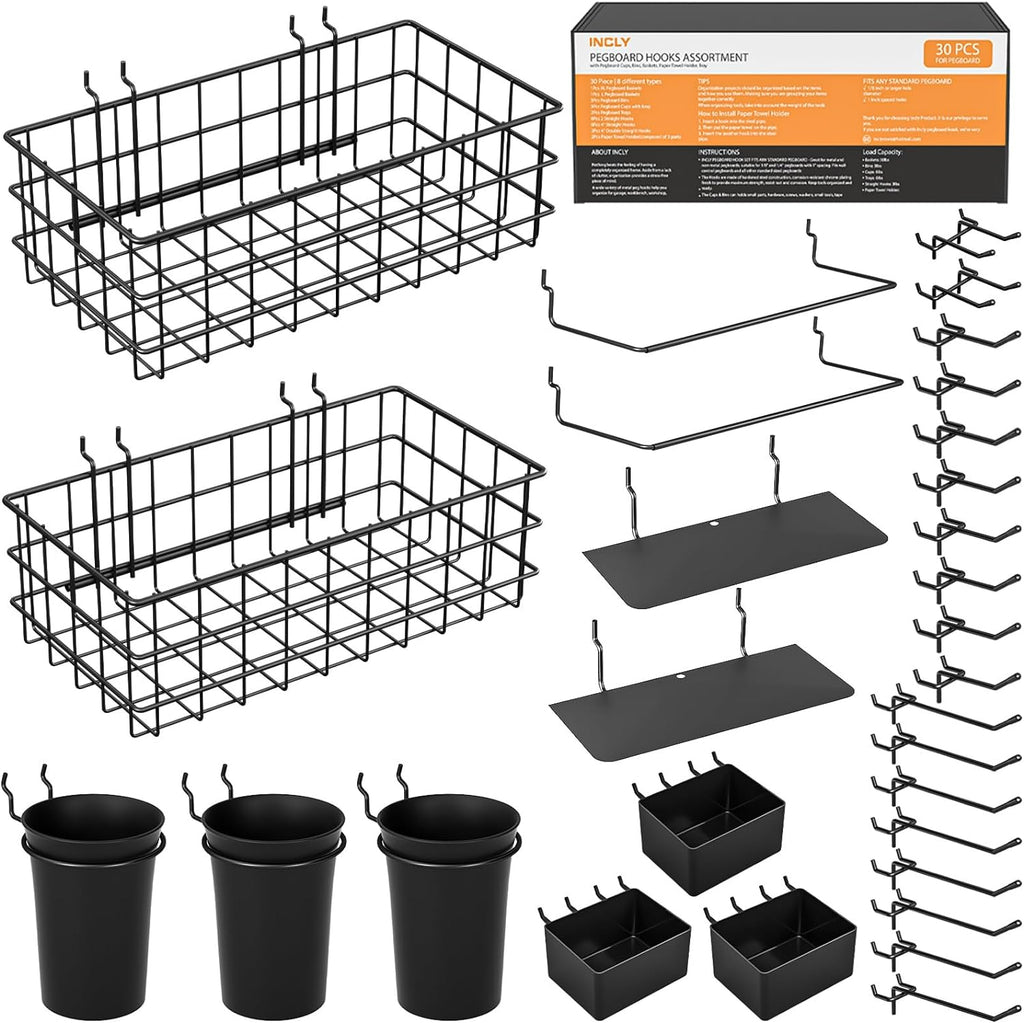 INCLY 30PCS Peg Board Organizer Accessories Kit, Pegboard Hooks Assortment