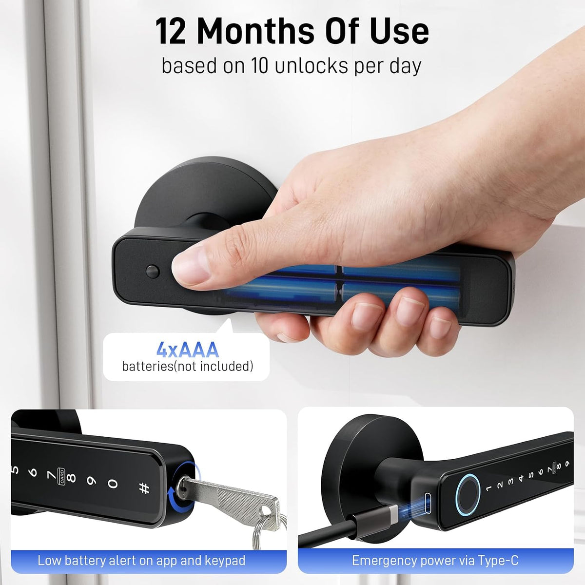 Smart Fingerprint Door Lock with Keypad, Keyless Entry Door Knob with Handle, Biometric Door Lock for Bedroom/Front Door/Apartment, APP Remote Control Black