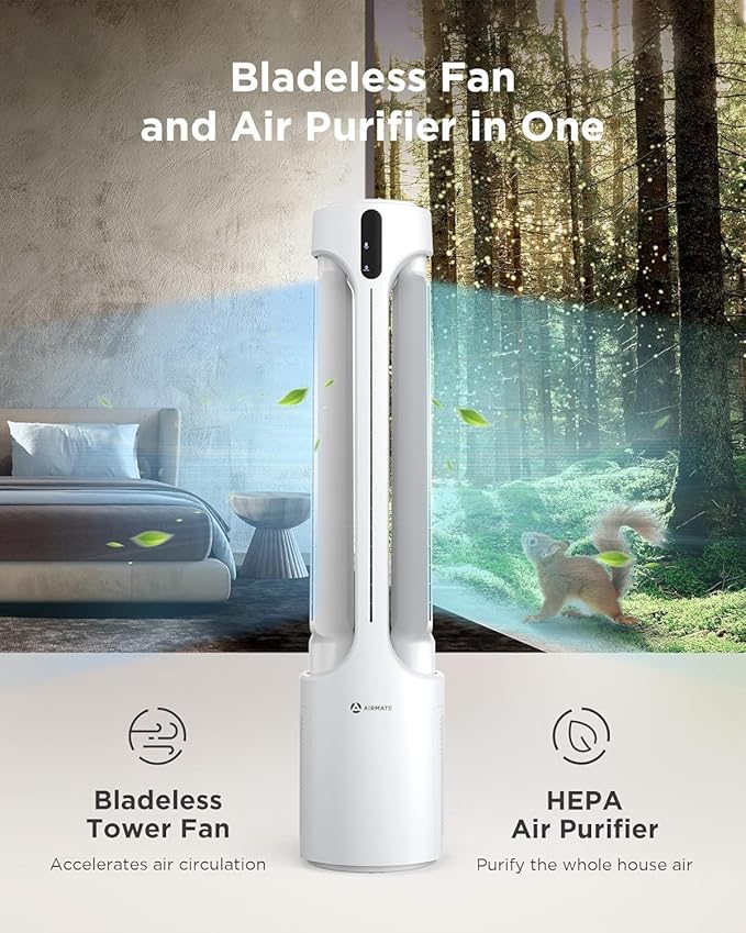 AIRMATE Air Purifier Bladeless Tower Fans, 1500CFM Large Air Volume, 28ft/s