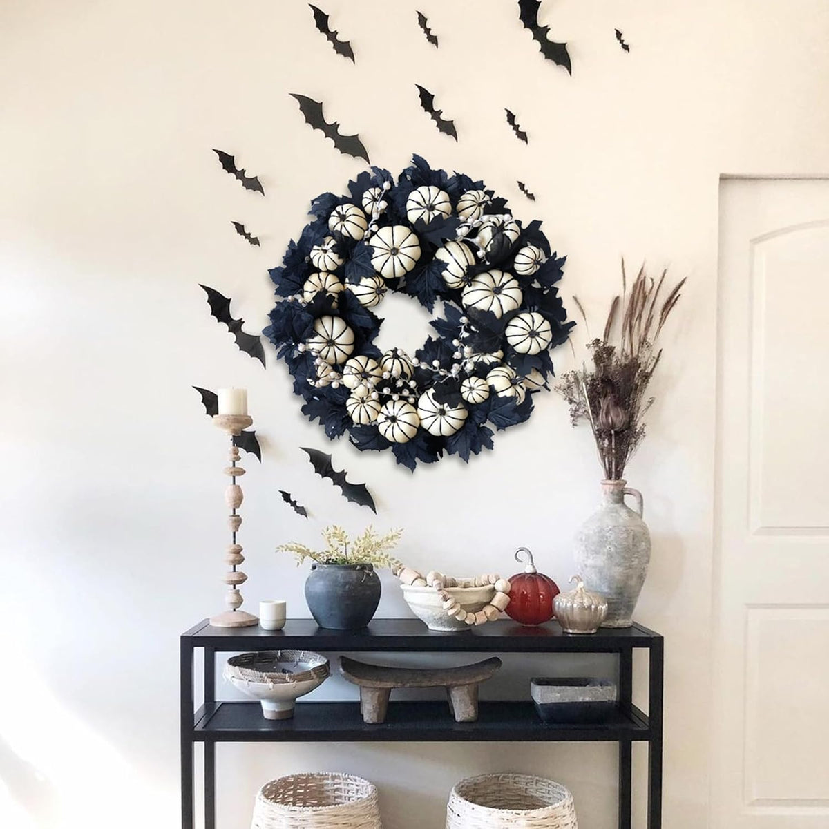 22inch Halloween Wreath Black Maple Leaf Wreaths White Pumpkin Wreath Holiday Decoration Party Party Celebration Wreaths Front Door Back Door Hallway Patio Decoration（White）