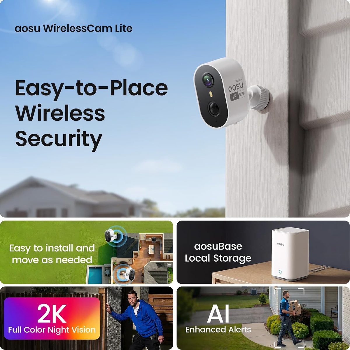 aosu 2k battery security cameras wireless outdoor system, close-up detail