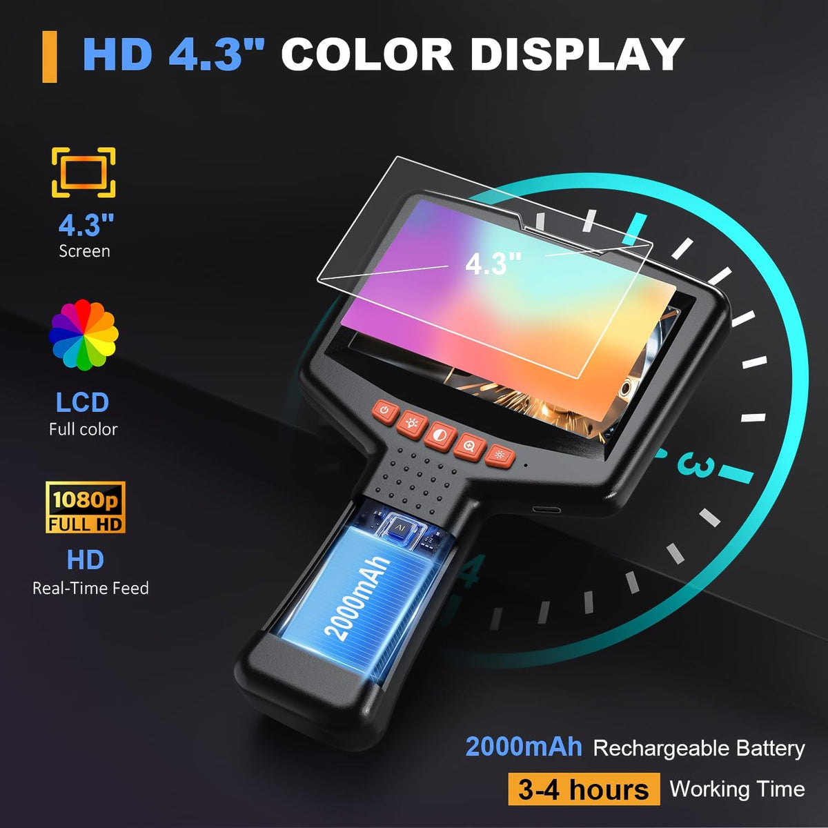 endoscope camera with light: 4.3" 1080p hd inspection, close-up detail