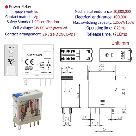 UL Listed 6 Pcs 8-Amp Electromagnetic Relay 24V DC Relay DPDT 2NO 2NC 8Pin