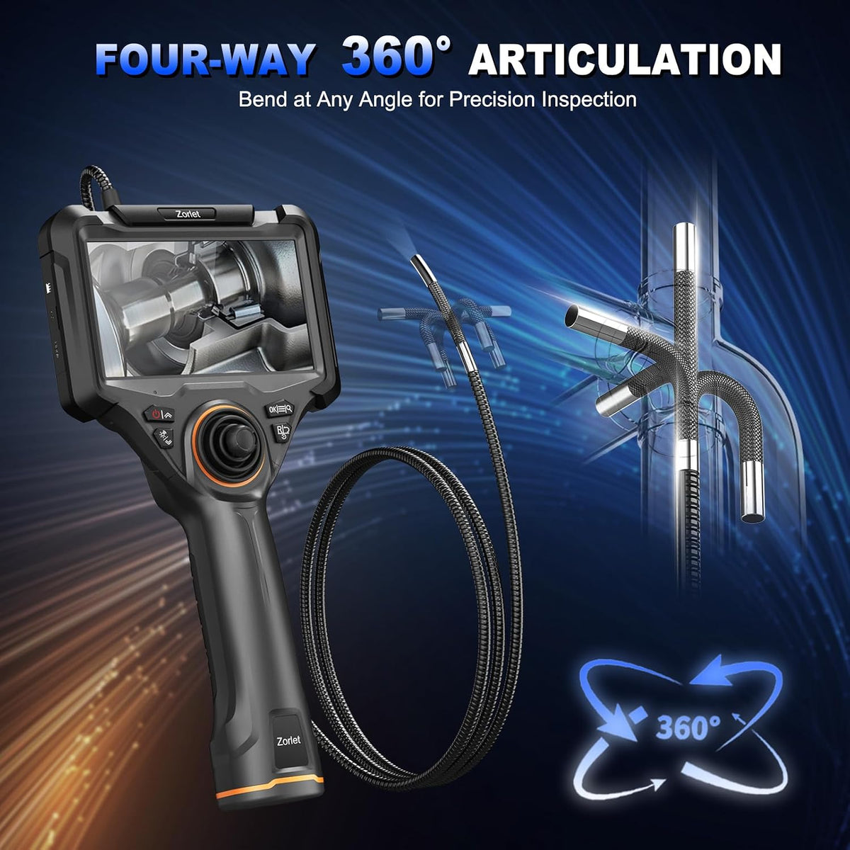 4-way articulating borescope, 0.25in/6.3mm probe, 5" screen, 5ft shown in use