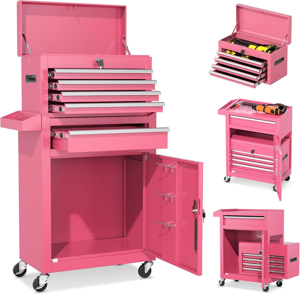 INTERGREAT 5 Drawer Tool Chest with Wheels, Rolling Tool Chest with Enhanced Packaging, Tool Storage Organizer Cabinets with Lock&Key for Garage, Workshop (Pink)