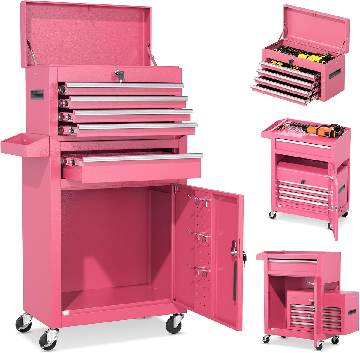 INTERGREAT 5 Drawer Tool Chest with Wheels, Rolling Tool Chest with Enhanced Packaging, Tool Storage Organizer Cabinets with Lock&Key for Garage, Workshop (Pink)